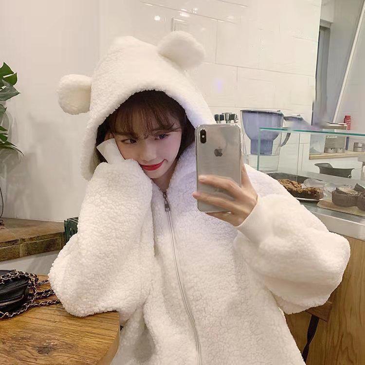Loose Sports Coat Bear Ears Warm Sweater Plush Long-sleeved Hooded Blouse Women