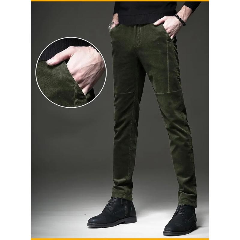 Men's Autumn and Winter Corduroy Casual Pants Slim-fit Pants with Small Feet Male Straight-leg Korean Style Trousers Business Streetwear Elastic Waist