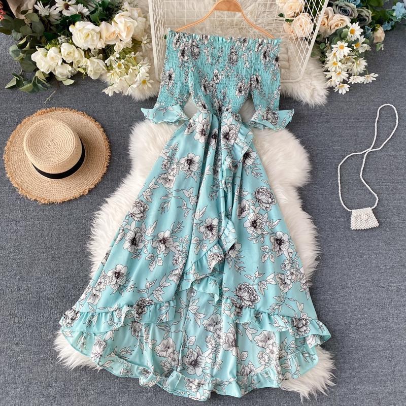 Sexy Floral Print Strapless Dress Slash Neck High Waist Half Sleeve Irregular Ruffle Dress