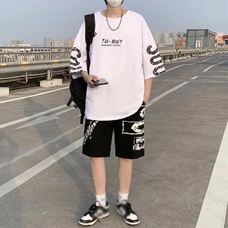 Short-sleeved T-shirt Men's Summer Tide Brand Leisure Sports Five-point Half-sleeve Set of T-shirt Men's Summer Ice Silk Suit