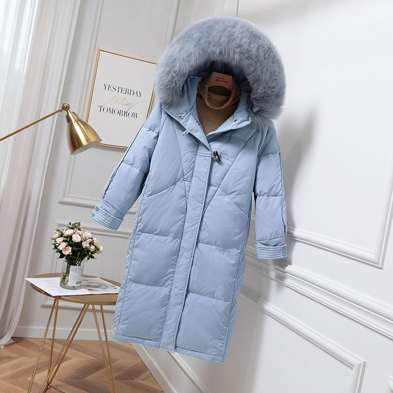 Women's Down Jacket Mid-length Over-the-knee Thickening and Long Fur Collar Hooded Slim Coat
