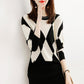 Women's Diamond Plaid Color Block Sweater Loose Casual Pullover Sweater O-neck Bottoming Sweater Outer Wear Autumn Winter Tops