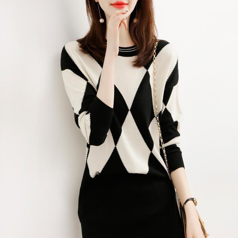 Women's Diamond Plaid Color Block Sweater Loose Casual Pullover Sweater O-neck Bottoming Sweater Outer Wear Autumn Winter Tops