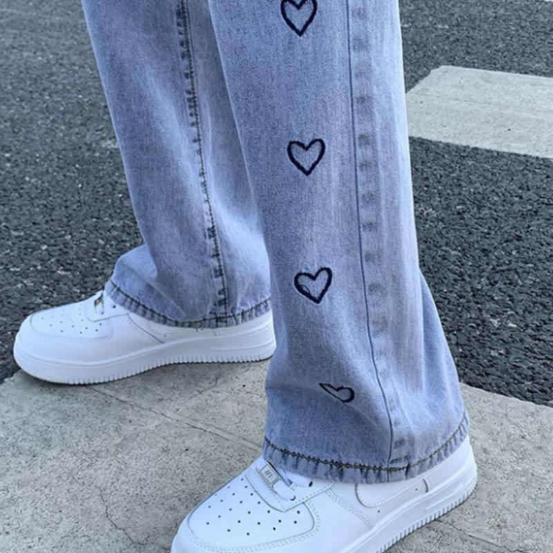 Love Embroidery Jeans Women's High Waist Slim Loose Wild Plug-in Flops Wide-leg Trousers