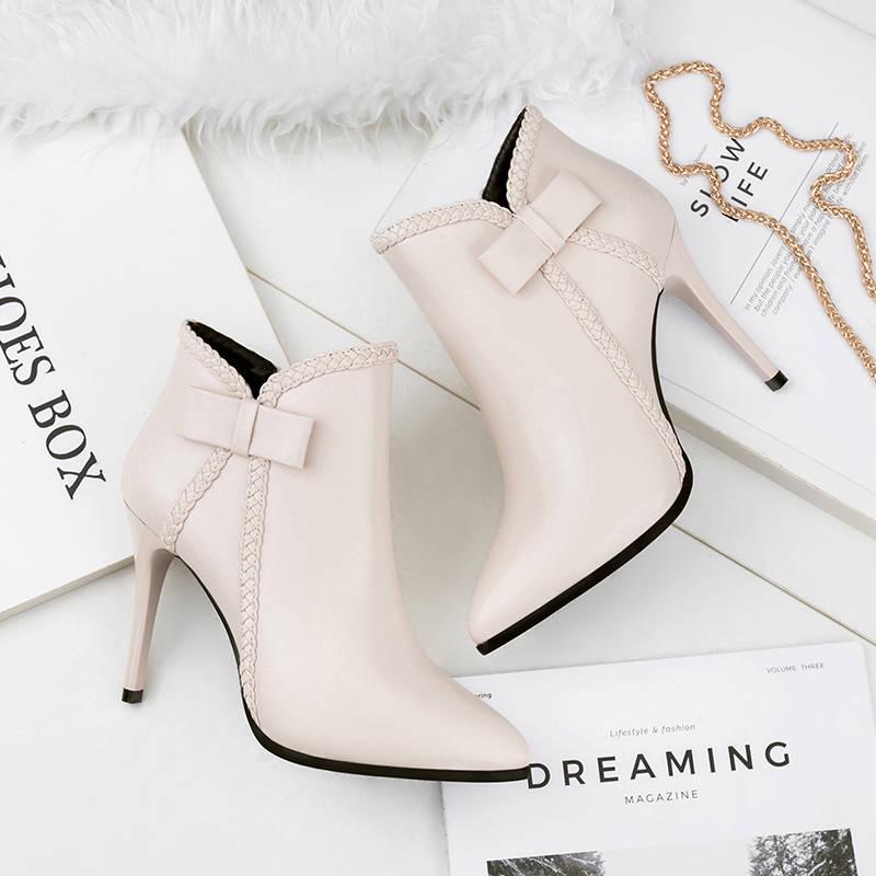 Pointed High Heels Martin Boots Sexy Stiletto Plus Velvet Bow Ankle Boots