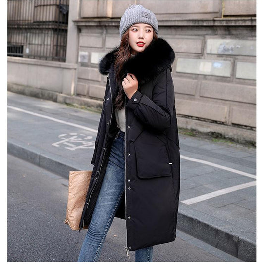 Fine White Duck Down Jacket Women's Mid-length Winter Thick Korean Version of Loose Warm Large Fur Collar Hooded Down Jacket
