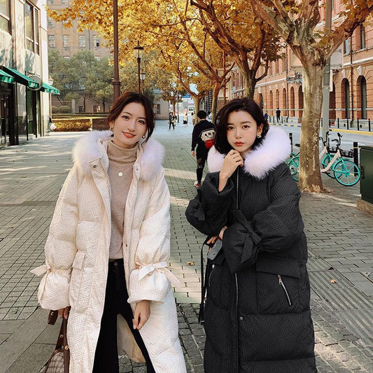 Winter Cotton High-end Temperament Jacket Women Winter Warm Sweet Wind Hooded Mid-length Down Cotton Jacket Fluffy Fur Collar Thick Warm Jacket
