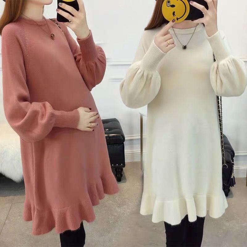 Spring and Autumn Maternity Clothes Long Sleeve Dress Mid-length  Loose Plus Size Round Neck Knitted Skirt