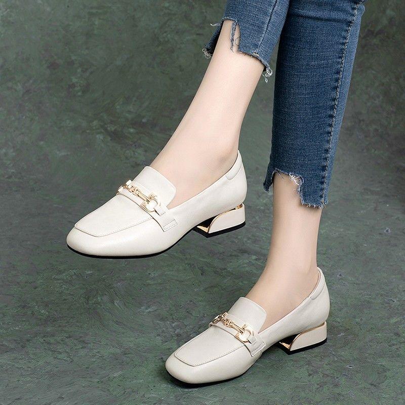 Soft Leather Single Shoes Women's Low-heel Carafe Square-toed Leather Shoes Thick Heel British Style Slip-on Work Women's Shoes