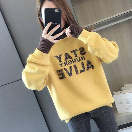 Cotton Thick Sweater Women Autumn and Winter Fake Two-piece Splicing Tops Student High Collar Loose Jacket