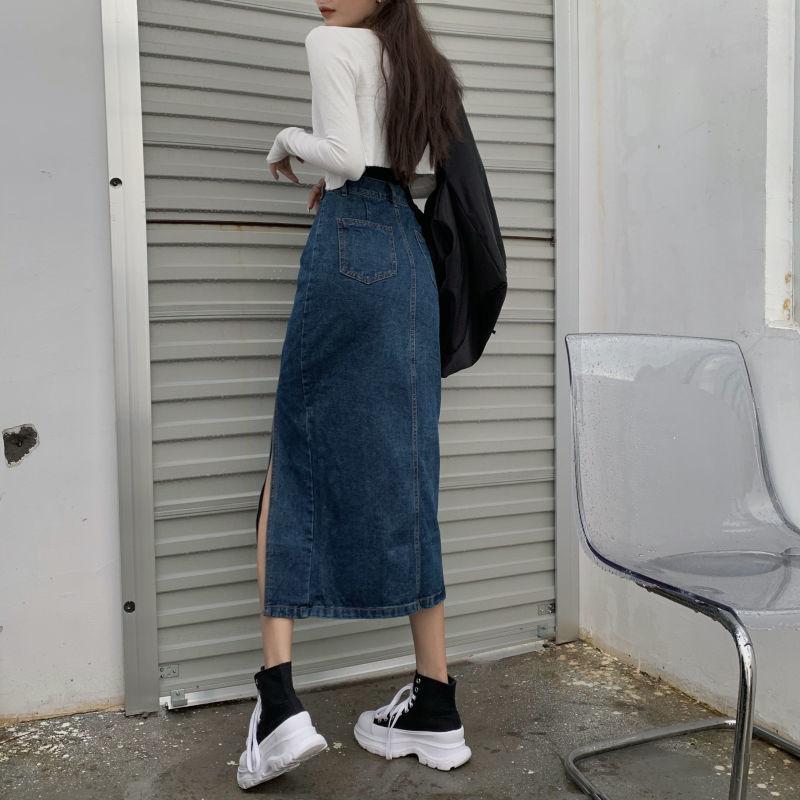 Women Sexy Sweet Solid Split Denim Skirt High Waist Over The Knee Hip Skirt Casual Club Home Office