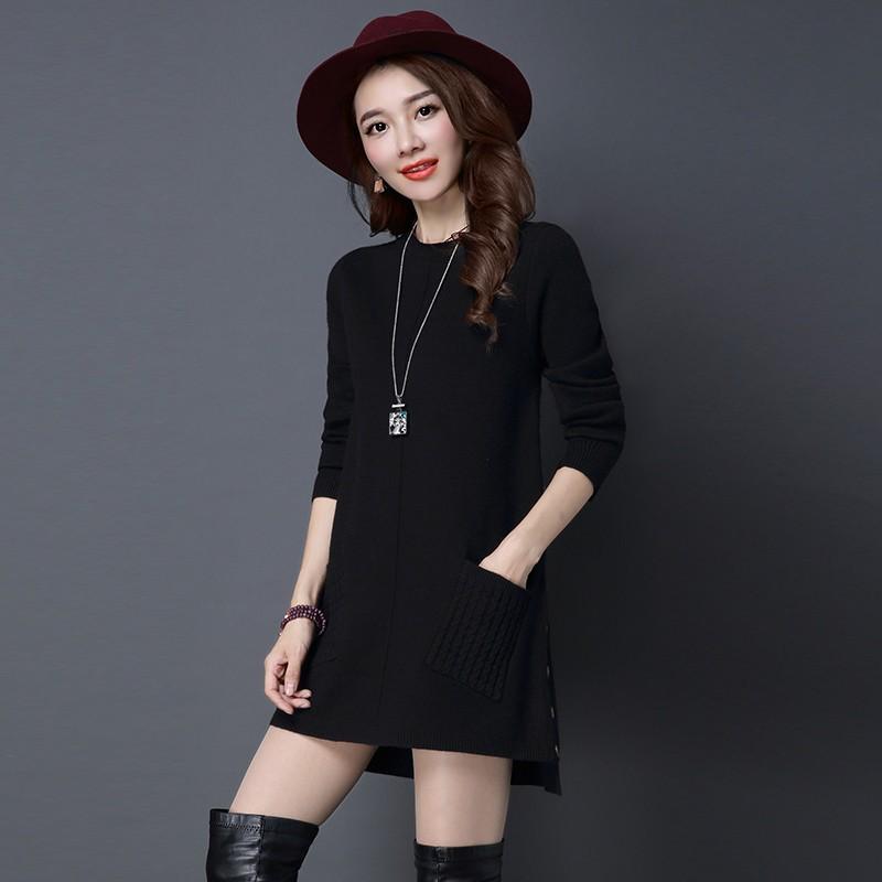 Women's Mid-length Pullover Sweater Loose Simple Irregular Hem Bottoming Sweater  Knitted Sweater Dress  with Pockets