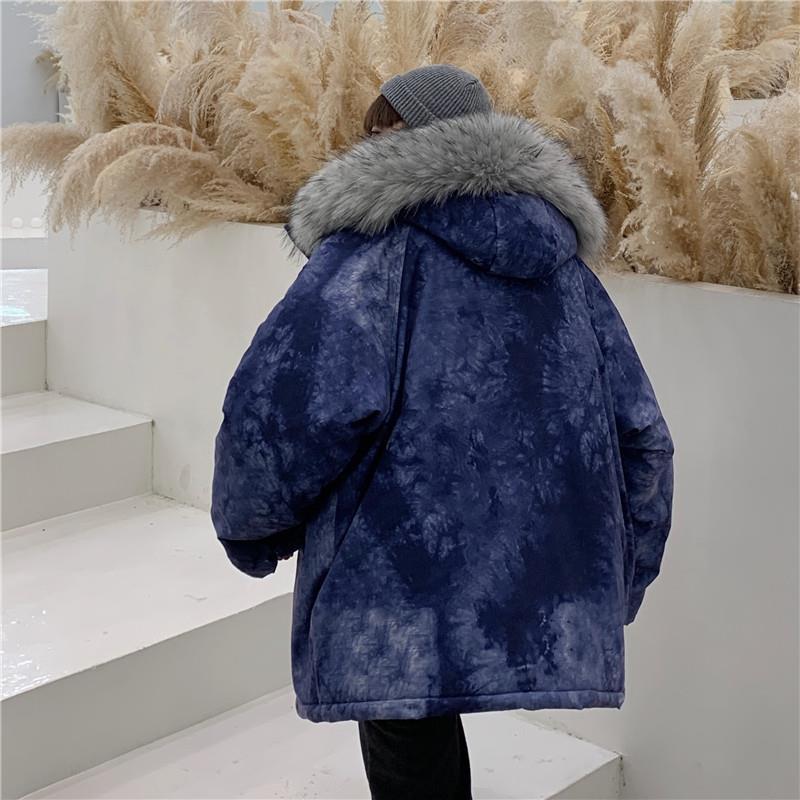 Tie-dyed Cotton Jacket Men's Winter Thick Down Cotton Jacket Korean Style Trend Loose Hooded Big Fur Collar Youth Cotton Jacket