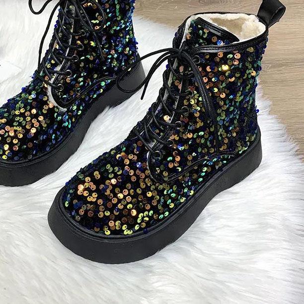 Winter Women's Sequined Snow Boots Plus Velvet Thick Warm Cotton Shoes Large Size Non-slip Thick Bottom Boots