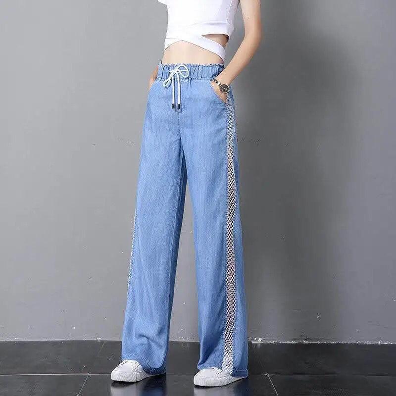 Tencel Denim Wide-leg Pants Women Loose Summer Thin Ice Silk Screen Yarn Straight Drape Casual Trousers