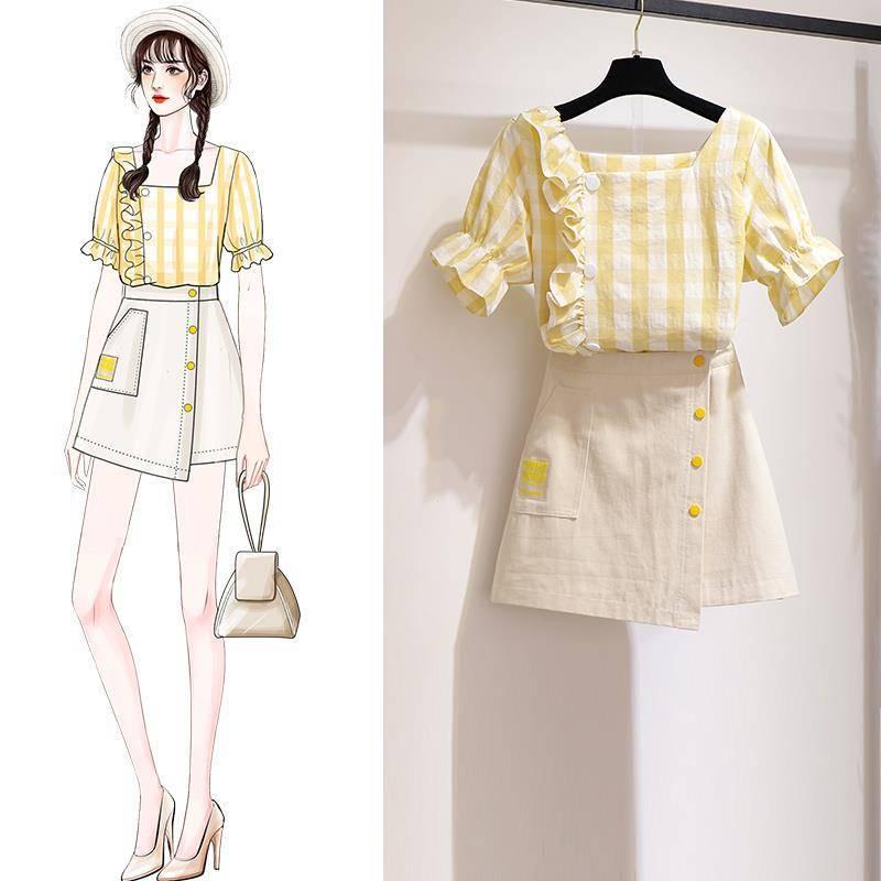 Pofulove Summer Women's Slim Skirt Set Flare Sleeve Plaid blouse Irregular short Skirt Two Piece Set