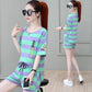 Cotton Striped Sports Suit Women Loose Round Neck Short Sleeve Tethered Shorts Two-piece Running Casual Wear Cute Home Wear Pajamas