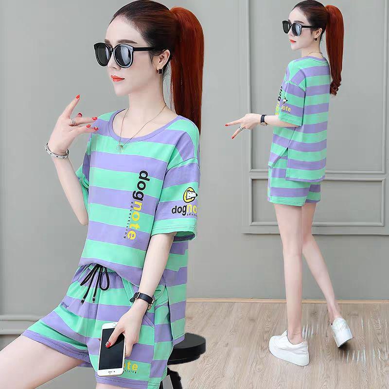 Cotton Striped Sports Suit Women Loose Round Neck Short Sleeve Tethered Shorts Two-piece Running Casual Wear Cute Home Wear Pajamas