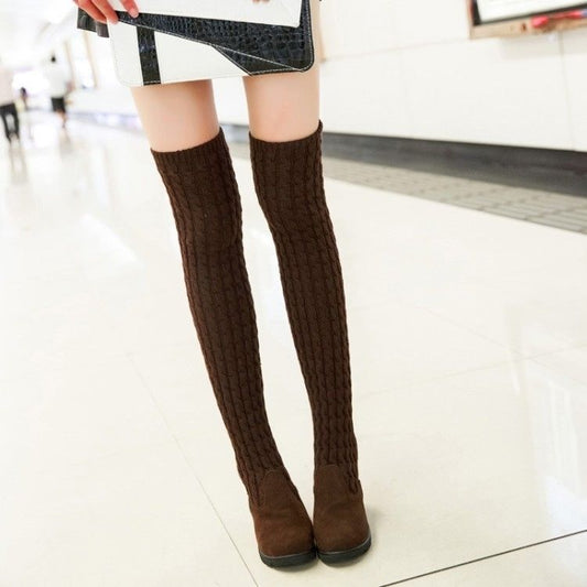 Woman Thigh High Boots  Knitting Bootleg Over Knee Boot  Ladies Winter Wedges Boots