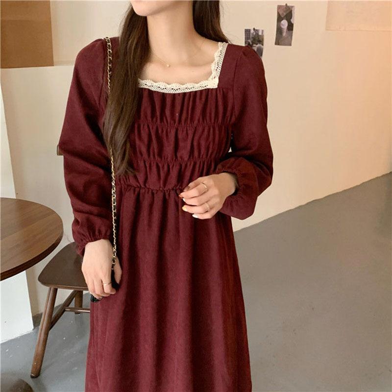 Spring and Autumn Korean Version of French Temperament Square Collar Lace Folds Waist Dress Students