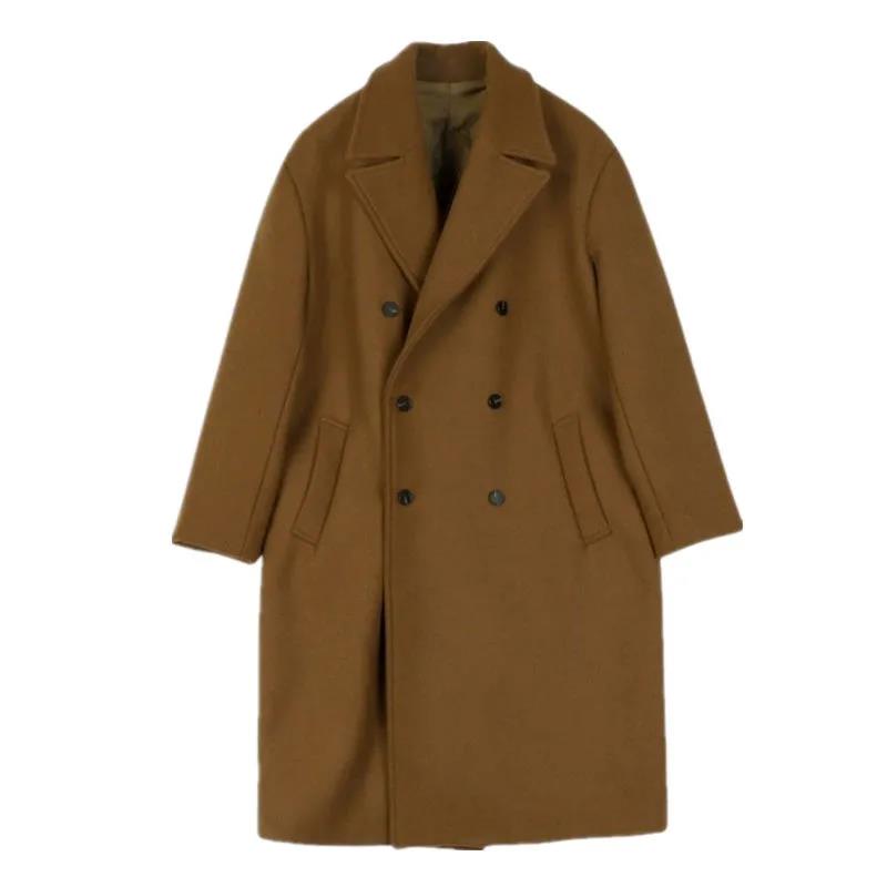 Winter Woolen Coat Men's Long Over-the-knee Loose Cashmere Trench Coat Trendy Brown Double-breasted Buttoned Woolen Coat
