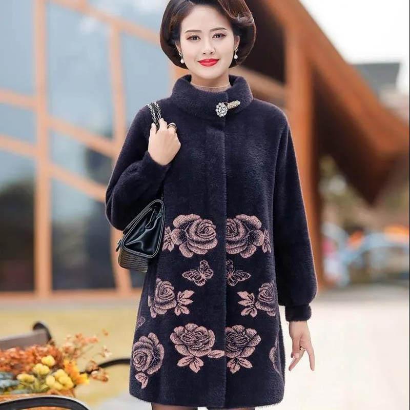 Mother Wear Winter Imitation Mink Velvet Coat Women Middle-aged and Elderly Women's Mid-length Coat