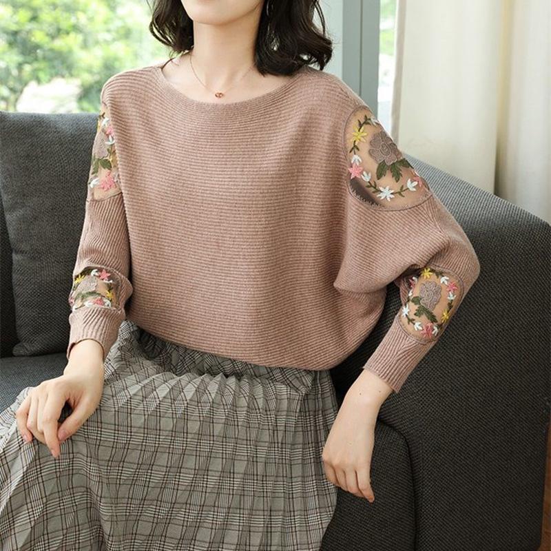 Round Neck Women's Shirt Loose Lace Hollow Knit Sweater Long Sleeves One-shoulder Short Bottoming Shirt