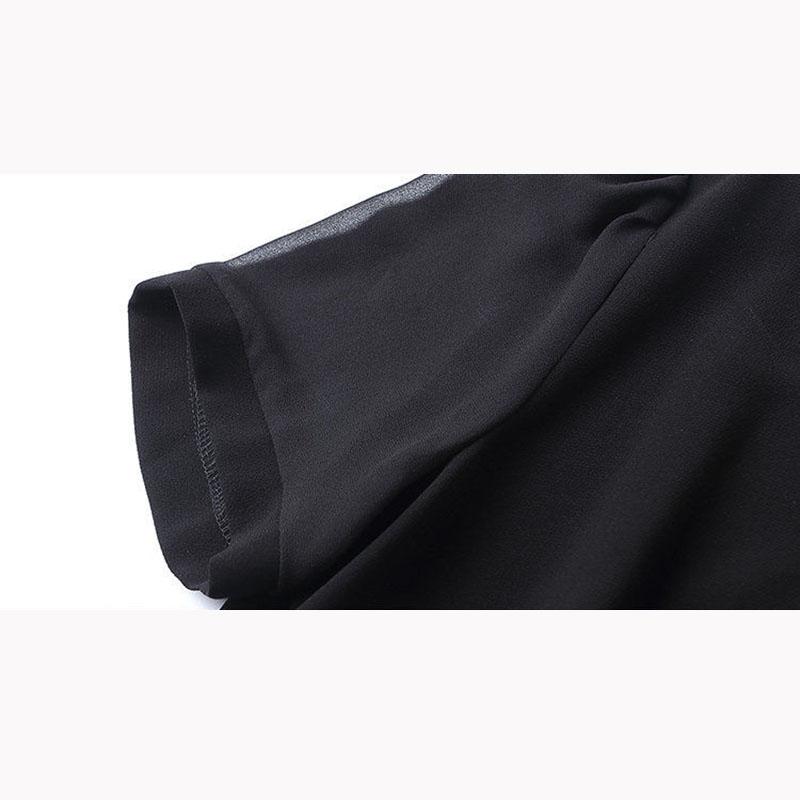 L-5XL Spring Summer Chiffon Dress Large Size V-neck See-through Mesh Short-sleeves Temperament Slim Black Skirt Female Bow Strap A-line Dress