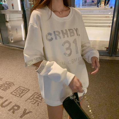 Round Neck Heavy Industry Sweater Women Autumn Loose Long-sleeved Shirt Letter Stitching Fashion Sweater