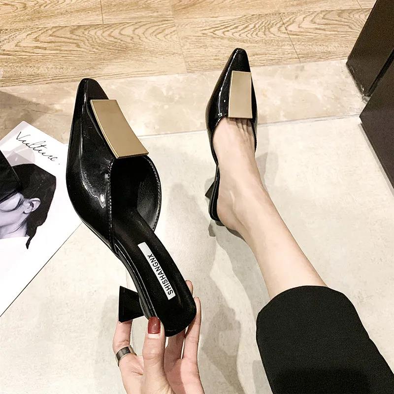Pointed Half Slippers Women's Summer Wear Fashion All-match Thick Heel High Heel Sandals Muller Half Toe Shoes