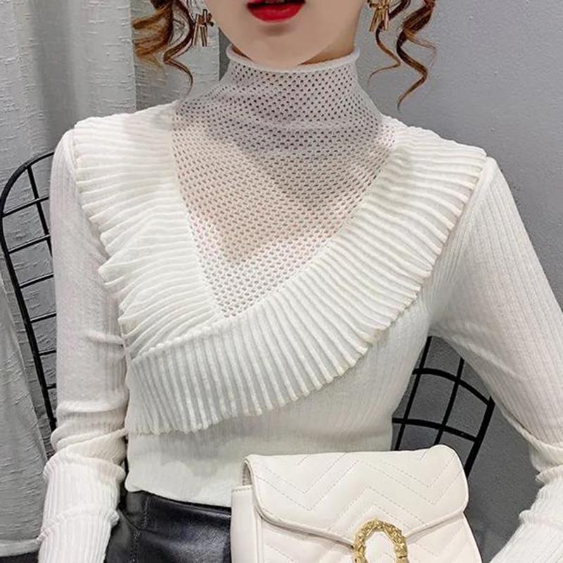Ruffled Half Turtleneck Sweater Women  Autumn  Winter Wear Lace Style Self-cultivation Hollow Knit Bottoming Shirt Top