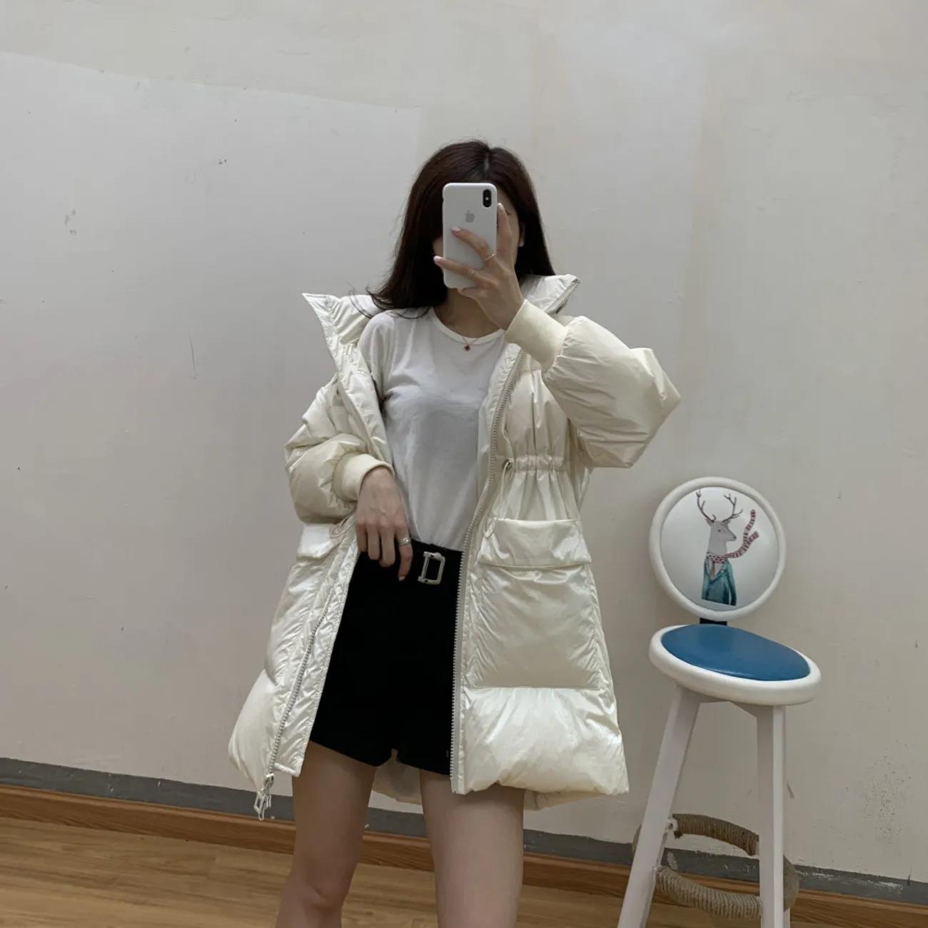 Women's Mid-length Down Jacket White Duck Down Waist Shiny Fashion Korean Style Thick Coat