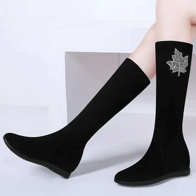 Inner High Boots Suede Elastic Short Boots Flat-bottomed Women's Boots Wild Martin Boots Single Boots Rhinestone Decoration