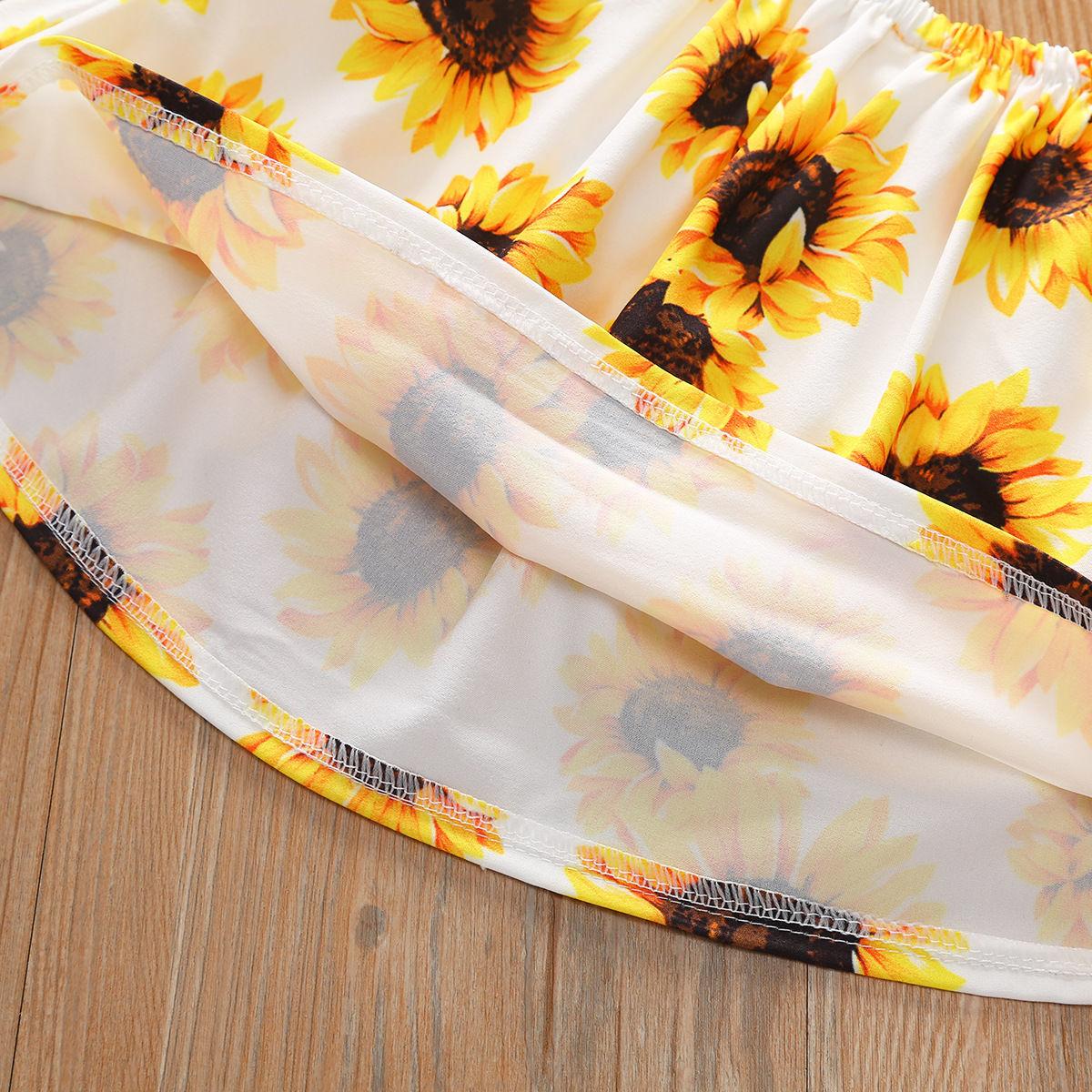Toddler Baby Girl Clothes Off Shoulder Sunflower Print Tops Ripped Denim Pants Headband 3Pcs Outfits