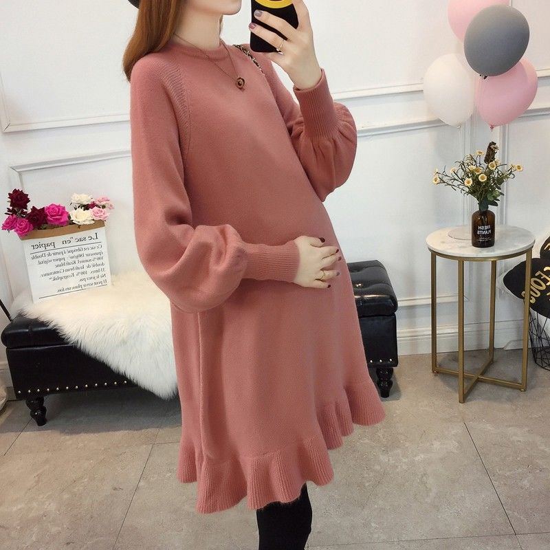Spring and Autumn Maternity Clothes Long Sleeve Dress Mid-length  Loose Plus Size Round Neck Knitted Skirt