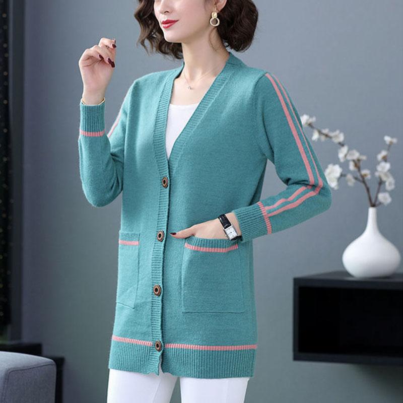 Spring and Autumn All-match Jacket Striped Pattern Mid-length Sweater Fashion Simple Style Female Top