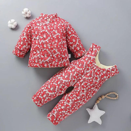 Baby Handmade Cotton-padded Jacket Cotton Trousers for Boys and Girls Thickened Infant Autumn and Winter Cotton Clothing Floral Pattern Suit