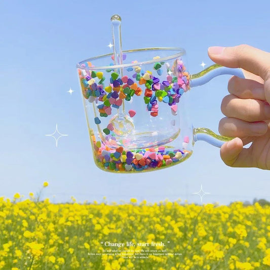 Ins Cute Girl Glass Flowing Love Bobo Cup Quicksand Cup Double Cup Water Cup Creative Gift Cup