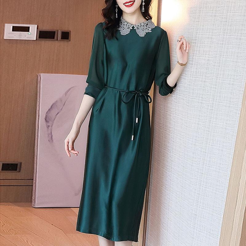 Plus Size M-XXXXL Summer Silky Satin Ladies Dress Over-the-knee Stand-collar Dress Free Belts of The Same Color