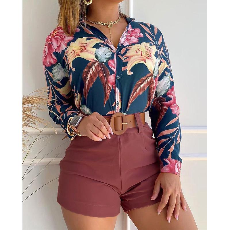 Women's Light Cooking Digital Printing Stand Collar Long Sleeve Shirt Ladies Shorts Set