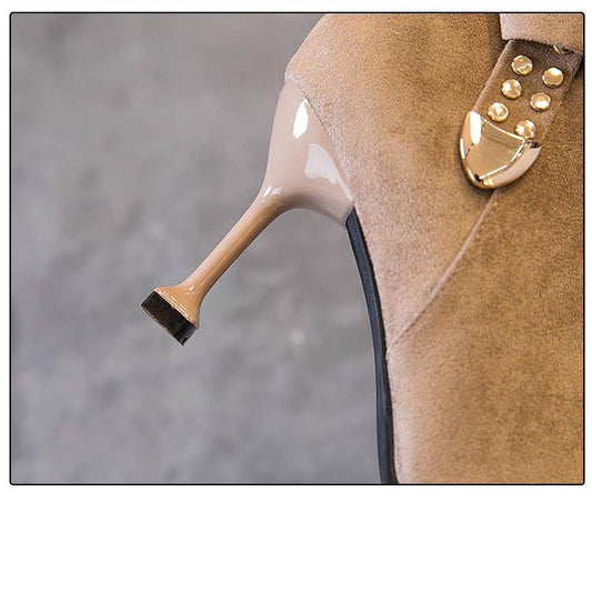 Autumn and Winter Ladies Pointed Toe High Heel Boots Flannel Upper Non-slip Wear-resistant Sole