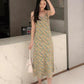 Female Summer Elegant Small Wrinkle Chrysanthemum Chiffon Long Slim V-neck Printing Suspender Floral Dress