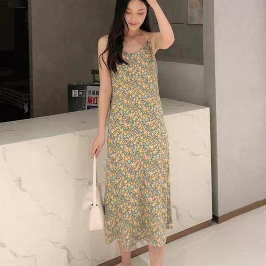 Female Summer Elegant Small Wrinkle Chrysanthemum Chiffon Long Slim V-neck Printing Suspender Floral Dress