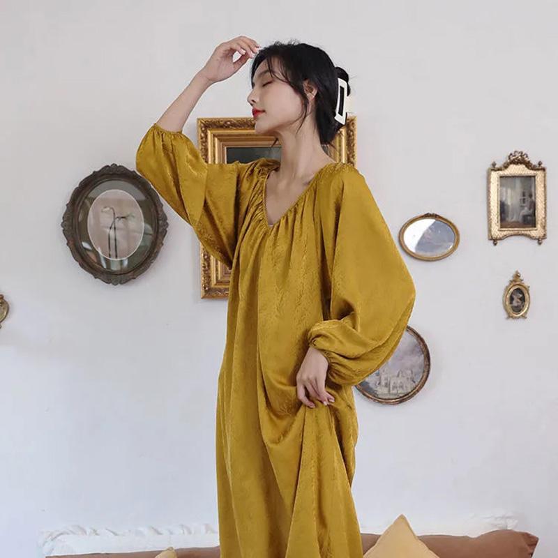 Women's Autumn Nightdress Ice Silk Backless Comfortable High Quality Pajamas Sexy Deep V Homewear Out Wear Loose Solid Color Printing Nightdress