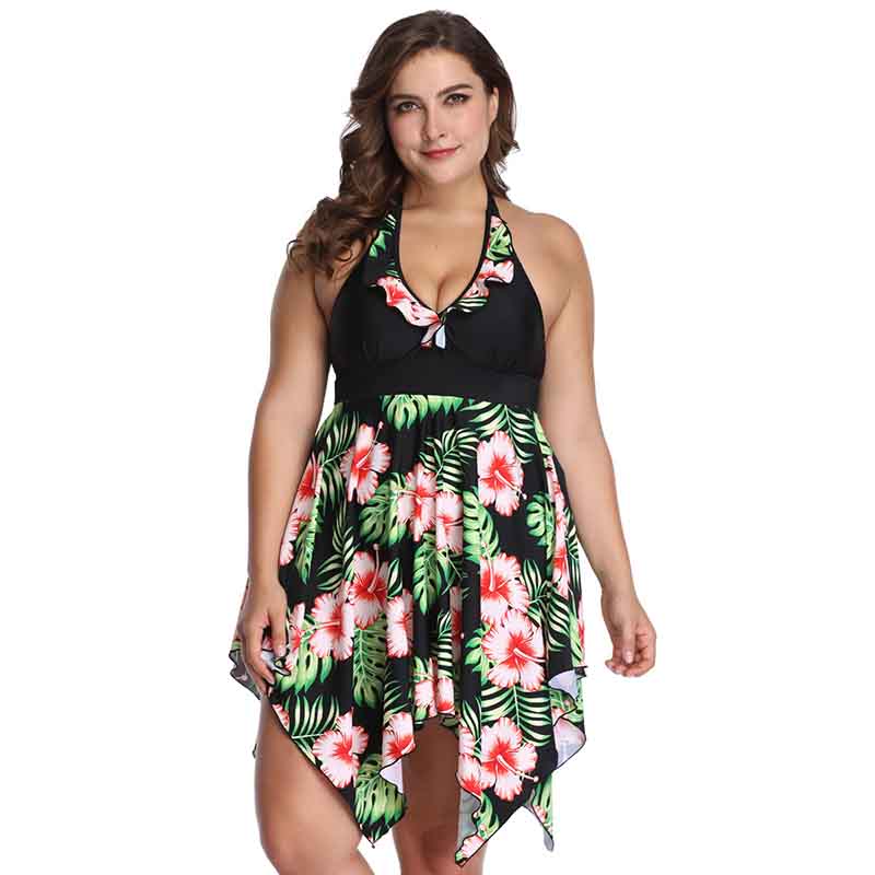 Plus Size Swimsuit Europe and America Cover Belly Solid Color Lace Print Split Skirt Swimsuit 2XL-6XL