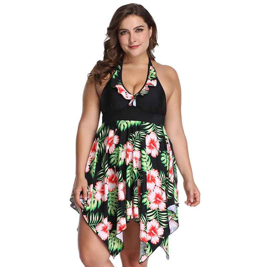 Plus Size Swimsuit Europe and America Cover Belly Solid Color Lace Print Split Skirt Swimsuit 2XL-6XL