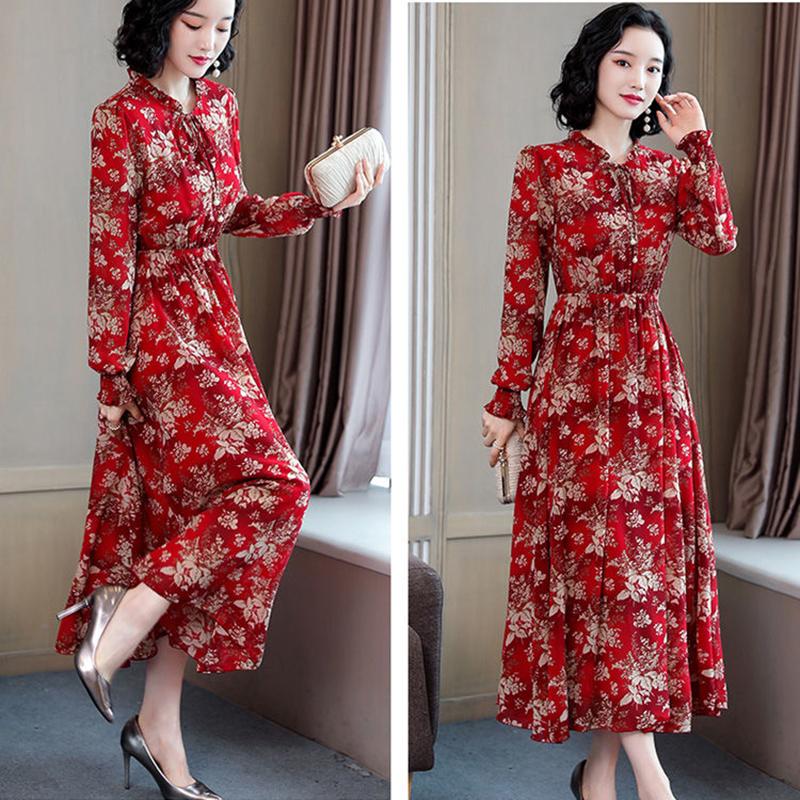 Spring and Autumn Chiffon Dress Long Sleeve Feminine Large Size Long Section Slim Fit Waist Thin Floral Skirt Women Can Be Worn Inside or Outside