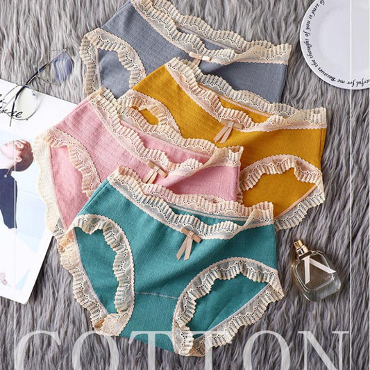 4pc Ladies Panties Cotton Mid Waist Cotton Lace Trim Comfortable Traceless Breathable Briefs Antibacterial