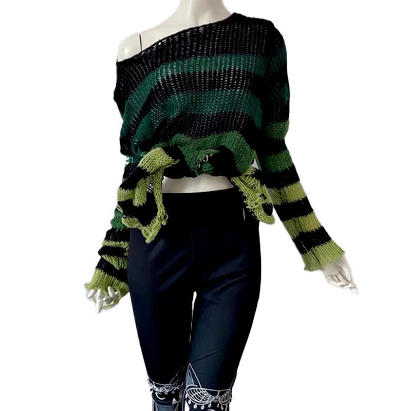 Sweater Women Stripe Ripped Pullover Mid-length Punk Loose Openwork Knitwear Top Trending Aesthetic Purple Sweater Dress Jumper