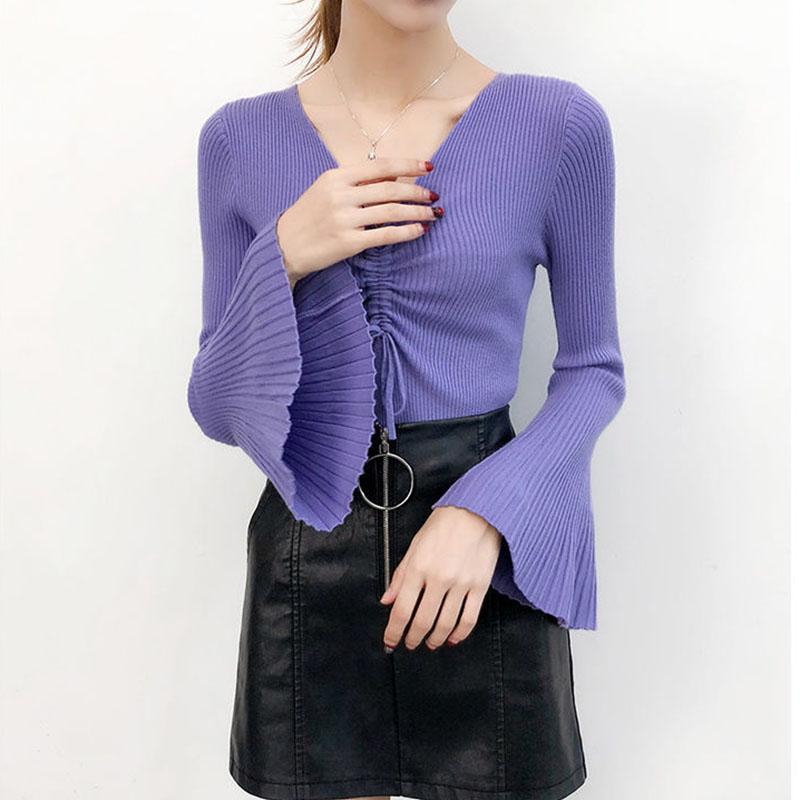 Early Autumn High-end Sweater Women's V-neck Drawstring Long-sleeved Pleated Flared Sleeve Sweater Top Bottoming Shirt